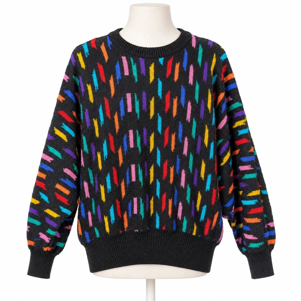 Vintage 80s Abstract Wool Blend Sweater Size L Multicolor Retro Funky Eclectic